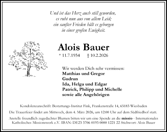 Traueranzeige von Alois Bauer von Wiesbadener Kurier