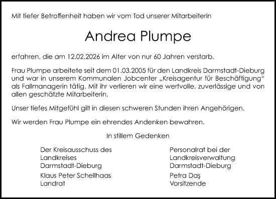 Traueranzeige von Andrea Plumpe von Darmstädter Echo