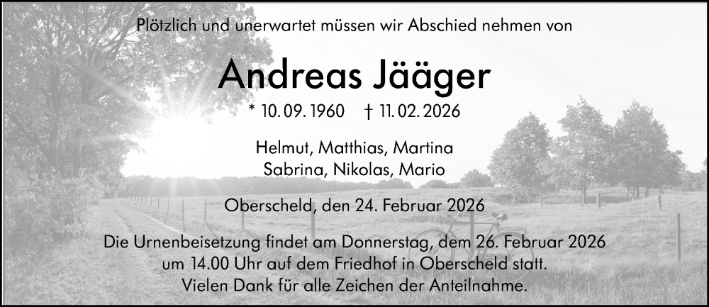  Traueranzeige für Andreas Jääger vom 24.02.2026 aus Dill Block