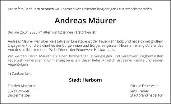 Traueranzeige von Andreas Mäurer von Dill Block