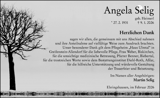 Traueranzeige von Angela Selig von Wetzlarer Neue Zeitung