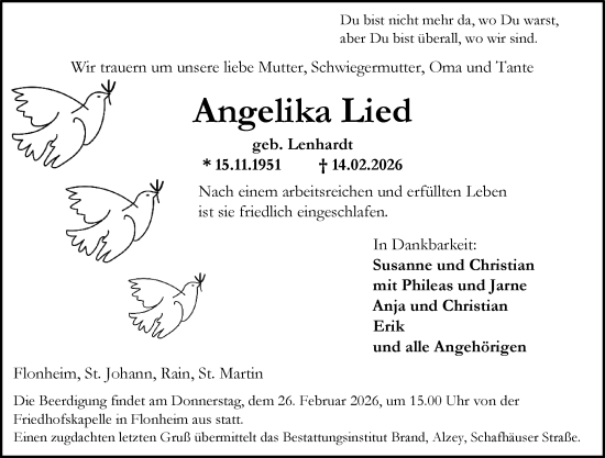 Traueranzeige von Angelika Lied von Allgemeine Zeitung Rheinhessen-Nahe