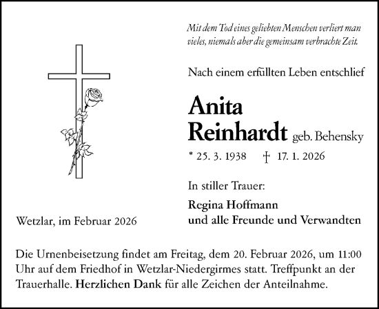 Traueranzeige von Anita Reinhardt von Wetzlarer Neue Zeitung