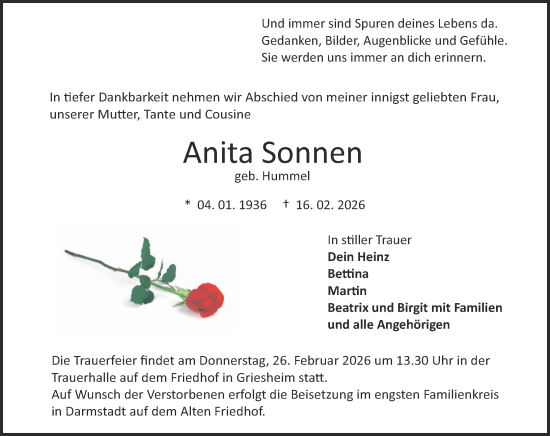 Traueranzeige von Anita Sonnen von Darmstädter Echo