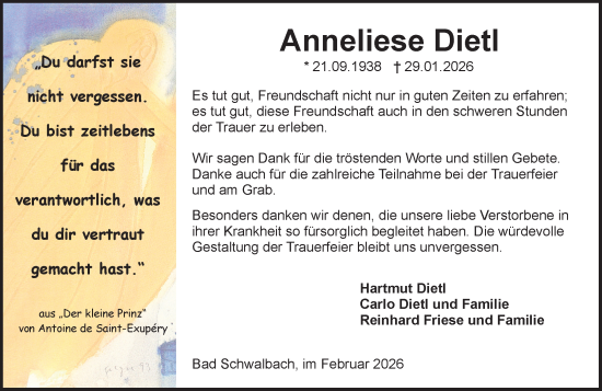 Traueranzeige von Anneliese Dietl von Idsteiner Land/Untertaunus