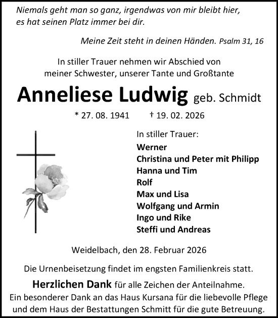 Traueranzeige von Anneliese Ludwig von Dill Block