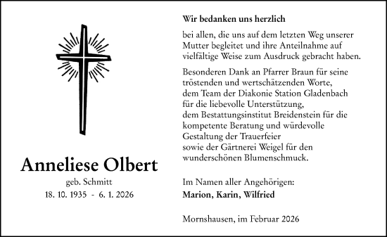 Traueranzeige von Anneliese Olbert von Hinterländer Anzeiger