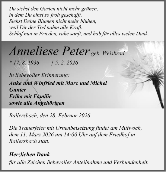 Traueranzeige von Anneliese Peter von Dill Block