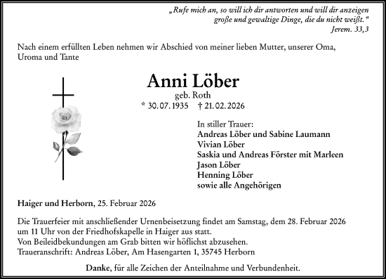 Traueranzeige von Anni Löber von Dill Block