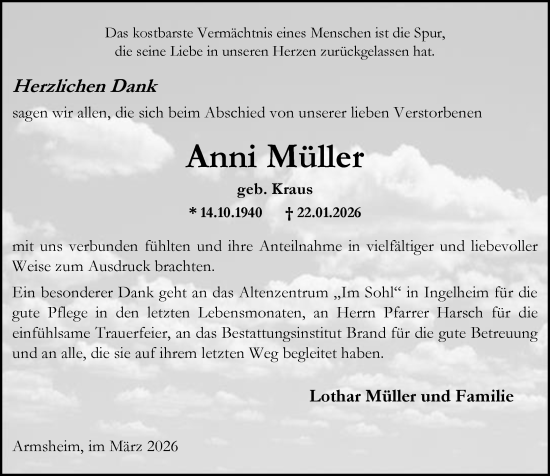 Traueranzeige von Anni Müller von Allgemeine Zeitung Alzey