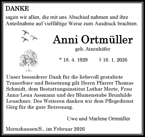 Traueranzeige von Anni Ortmüller von Hinterländer Anzeiger