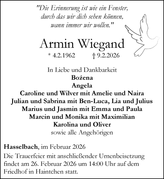Traueranzeige von Armin Wiegand von Camberger Anzeiger