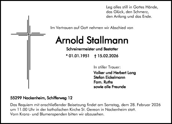 Traueranzeige von Arnold Stallmann von Allgemeine Zeitung Mainz