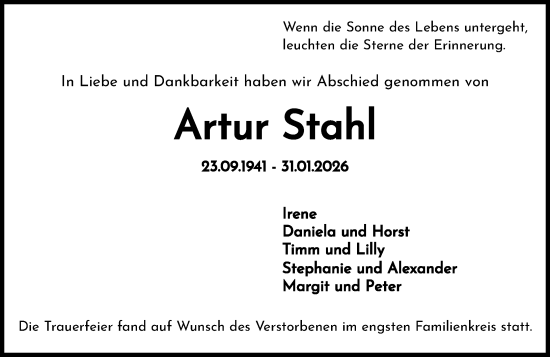 Traueranzeige von Artur Stahl von Wiesbadener Kurier