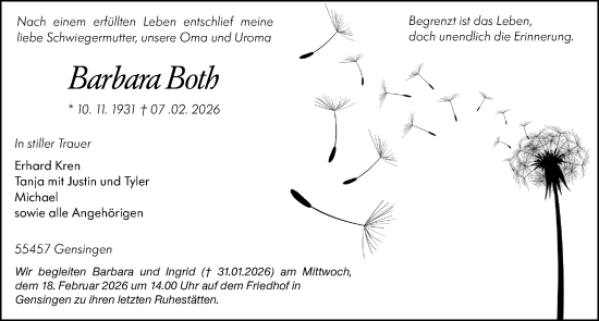 Traueranzeige von Barbara Both von Allgemeine Zeitung Rheinhessen-Nahe