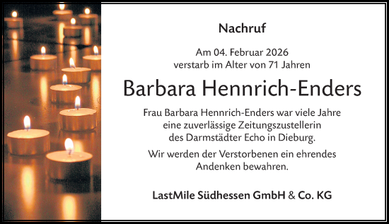 Traueranzeige von Barbara Hennrich-Enders von Darmstädter Echo