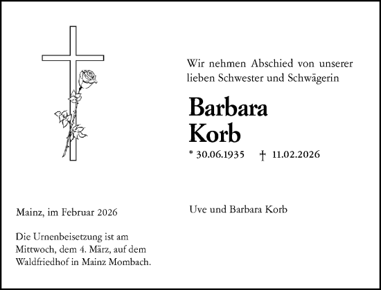 Traueranzeige von Barbara Korb von Allgemeine Zeitung Mainz