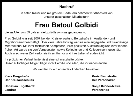 Traueranzeige von Batoul Golbidi von Starkenburger Echo