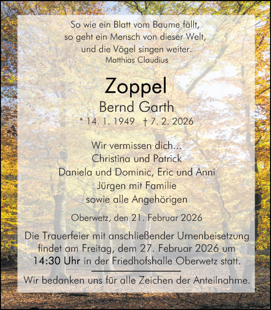 Traueranzeige von Bernd Garth von Wetzlarer Neue Zeitung