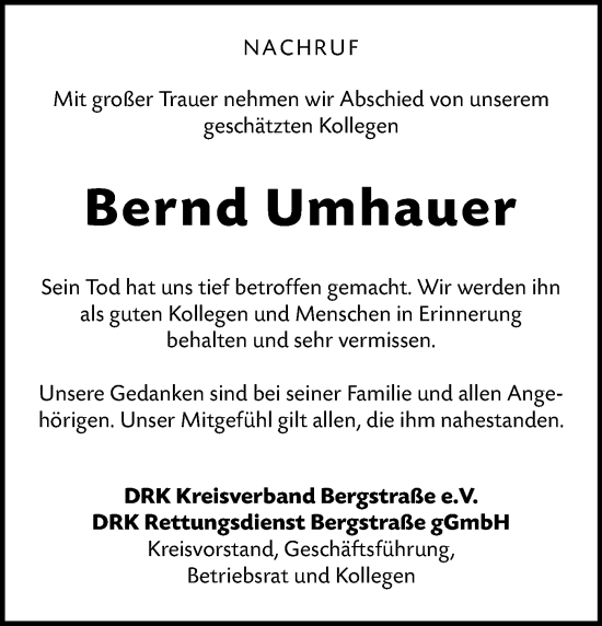 Traueranzeige von Bernd Umhauer von Starkenburger Echo