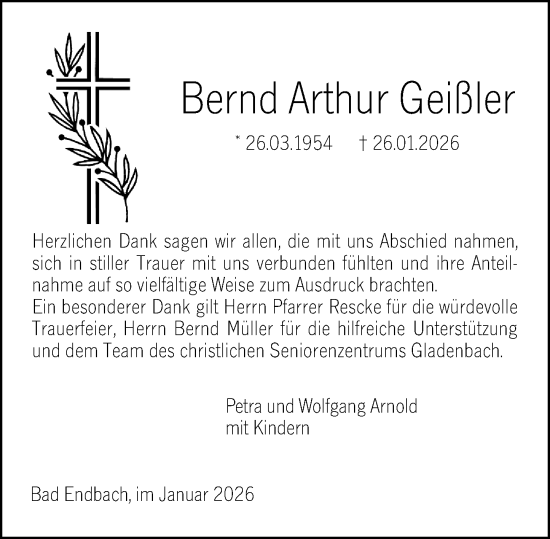 Traueranzeige von Bernd Arthur Geißler von Hinterländer Anzeiger
