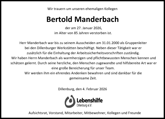 Traueranzeige von Bertold Manderbach von Dill Block