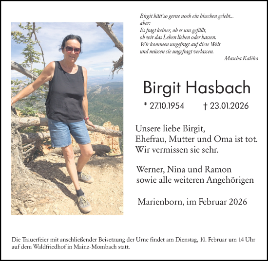 Traueranzeige von Birgit Hasbach von Allgemeine Zeitung Mainz