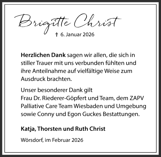 Traueranzeige von Brigitte Christ von Idsteiner Land/Untertaunus