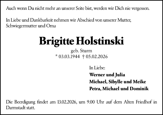 Traueranzeige von Brigitte Holstinski von Darmstädter Echo