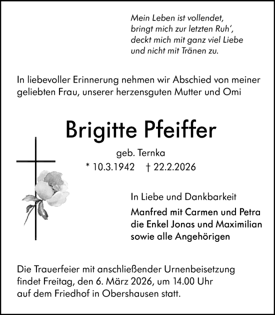 Traueranzeige von Brigitte Pfeiffer von Weilburger Tageblatt
