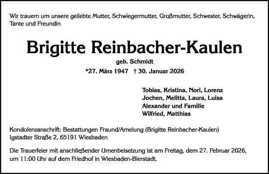 Traueranzeige von Brigitte Reinbacher-Kaulen von Wiesbadener Kurier