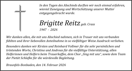 Traueranzeige von Brigitte Reitz von Wetzlarer Neue Zeitung