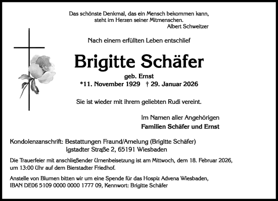 Traueranzeige von Brigitte Schäfer von Wiesbadener Kurier