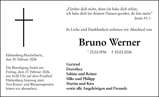 Traueranzeige von Bruno Werner von Wetzlarer Neue Zeitung
