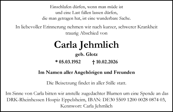 Traueranzeige von Carla Jehmlich von Allgemeine Zeitung Alzey