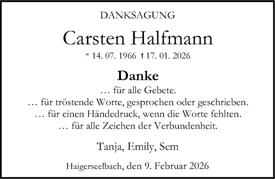 Traueranzeige von Carsten Halfmann von Dill Block