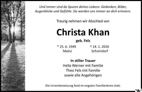 Traueranzeige von Christa Khan von Allgemeine Zeitung Mainz