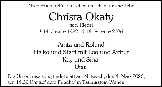 Traueranzeige von Christa Okaty von Wiesbadener Kurier