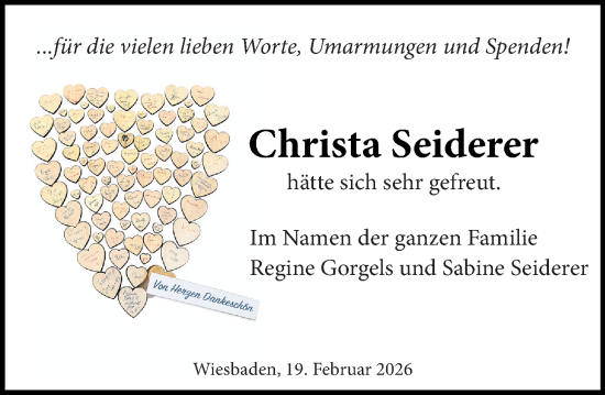 Traueranzeige von Christa Seiderer von Wiesbadener Kurier