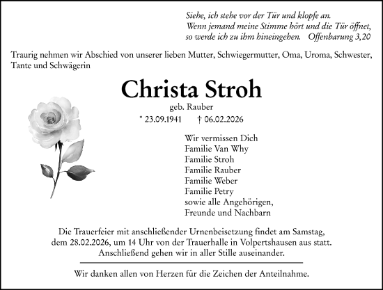 Traueranzeige von Christa Stroh von Wetzlarer Neue Zeitung