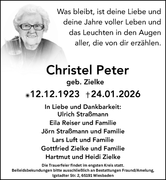 Traueranzeige von Christel Peter von Wiesbadener Kurier