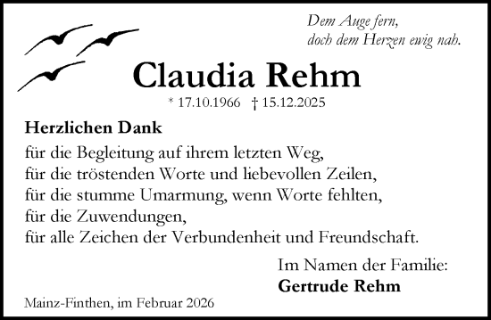 Traueranzeige von Claudia Rehm von Allgemeine Zeitung Mainz
