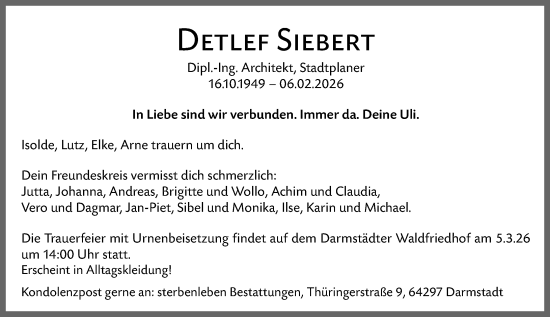 Traueranzeige von Detlef Siebert von Darmstädter Echo