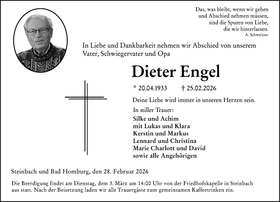 Traueranzeige von Dieter Engel von Dill Block
