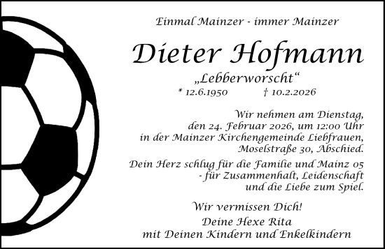 Traueranzeige von Dieter Hofmann von Allgemeine Zeitung Mainz