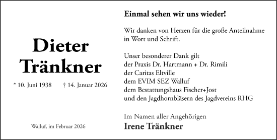 Traueranzeige von Dieter Tränkner von Wiesbadener Kurier