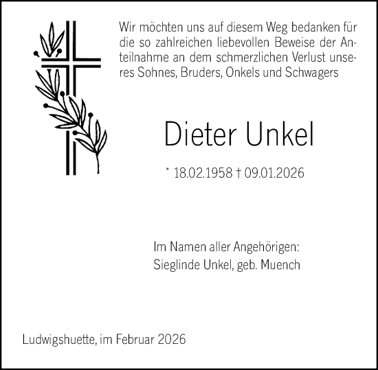 Traueranzeige von Dieter Unkel von Hinterländer Anzeiger
