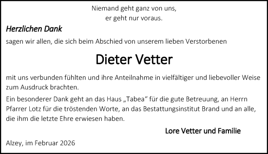 Traueranzeige von Dieter Vetter von Allgemeine Zeitung Alzey