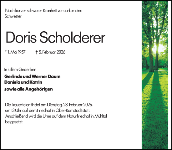 Traueranzeige von Doris Scholderer von Darmstädter Echo