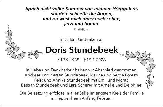 Traueranzeige von Doris Stundebeek von Starkenburger Echo